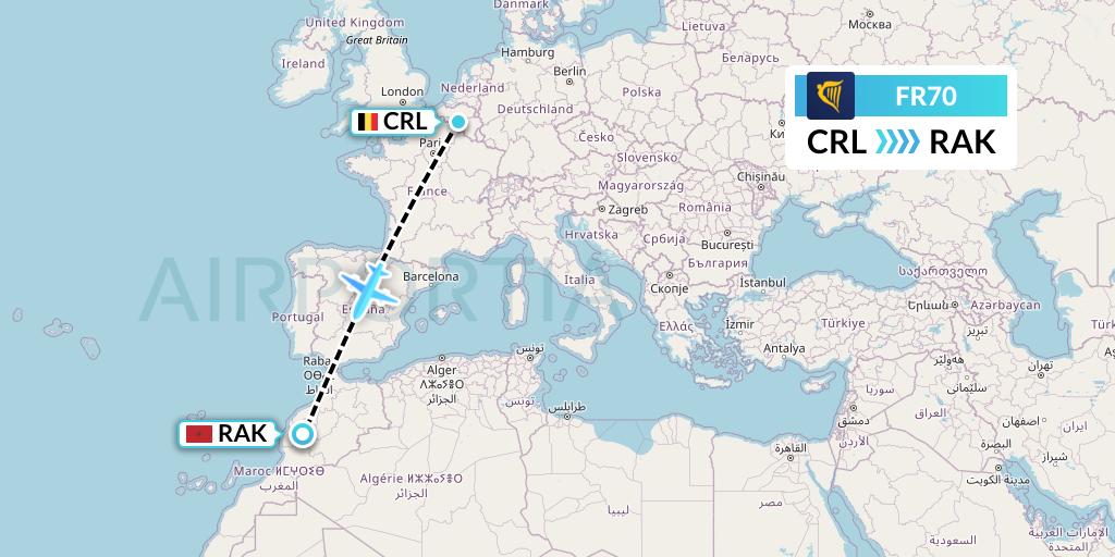 FR70 Ryanair Flight Map: Brussels to Marrakesh