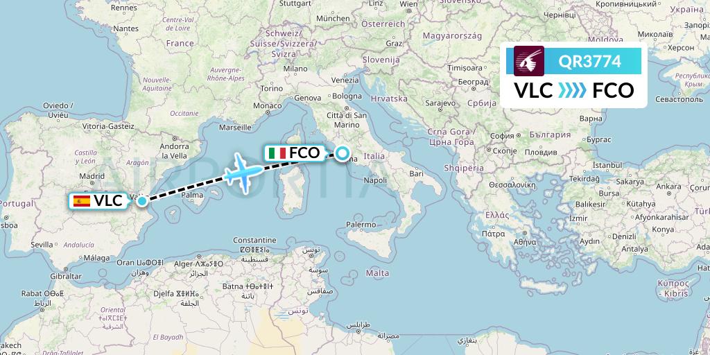 QR3774 Qatar Airways Flight Map: Valencia to Rome