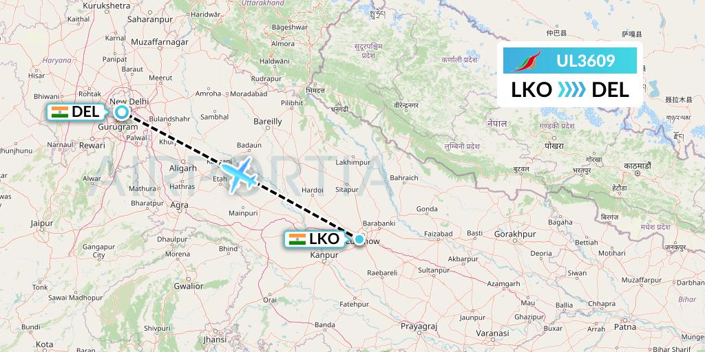 UL3609 SriLankan Airlines Flight Map: Lucknow to Delhi
