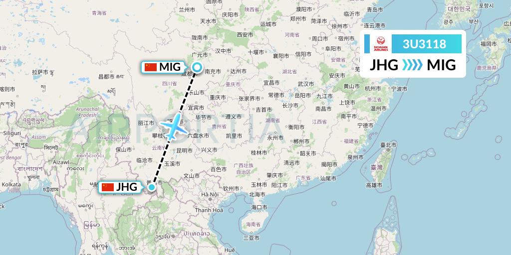 3U3118 Sichuan Airlines Flight Map: Jinghong to Mianyang
