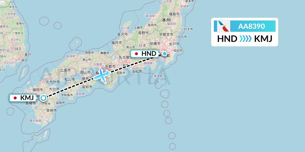 AA8390 American Airlines Flight Map: Tokyo to Kumamoto