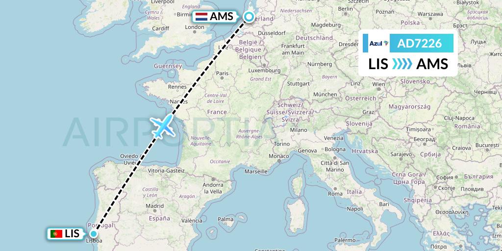 AD7226 Azul Brazilian Airlines Flight Map: Lisbon to Amsterdam