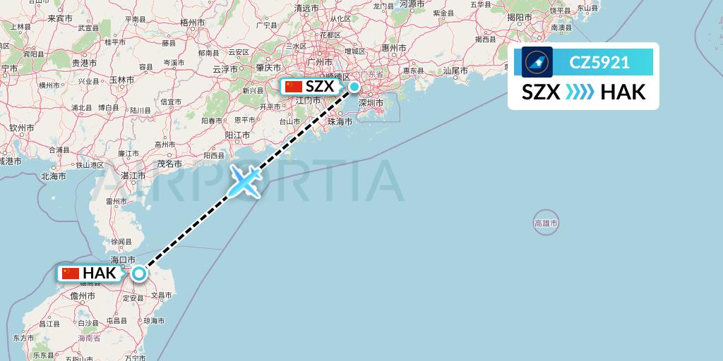 CZ5921 China Southern Airlines Flight Map: Shenzhen to Haikou