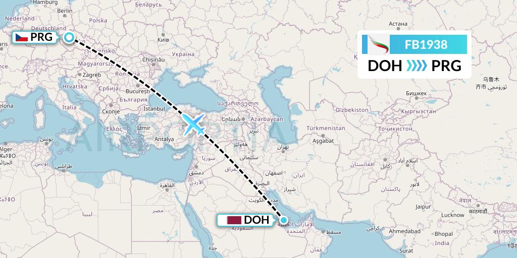 FB1938 Bulgaria Air Flight Map: Doha to Prague