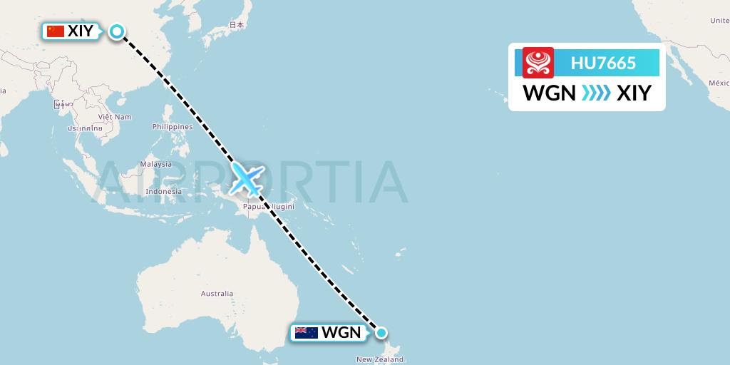 HU7665 Hainan Airlines Flight Map: Waitangi to Xi'an