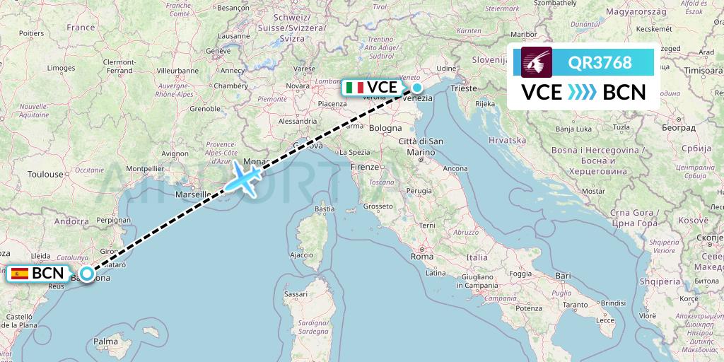 QR3768 Qatar Airways Flight Map: Venice to Barcelona