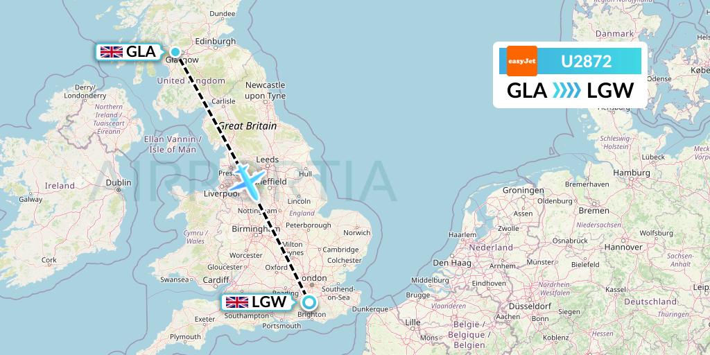 U2872 easyJet Flight Map: Glasgow to London