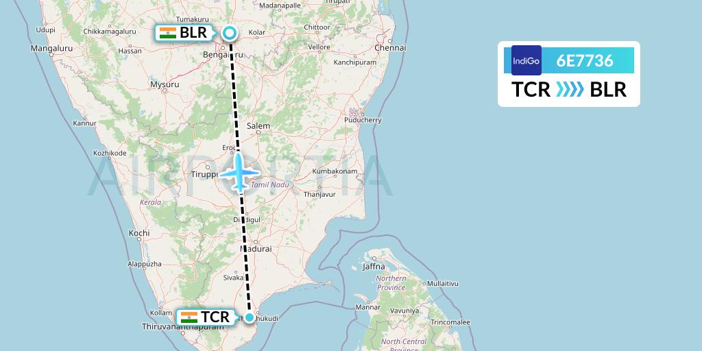 6E7736 IndiGo Airlines Flight Map: Tuticorin to Bangalore