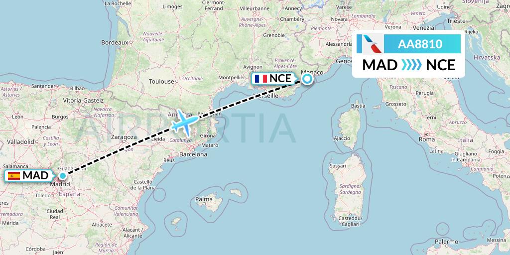AA8810 American Airlines Flight Map: Madrid to Nice
