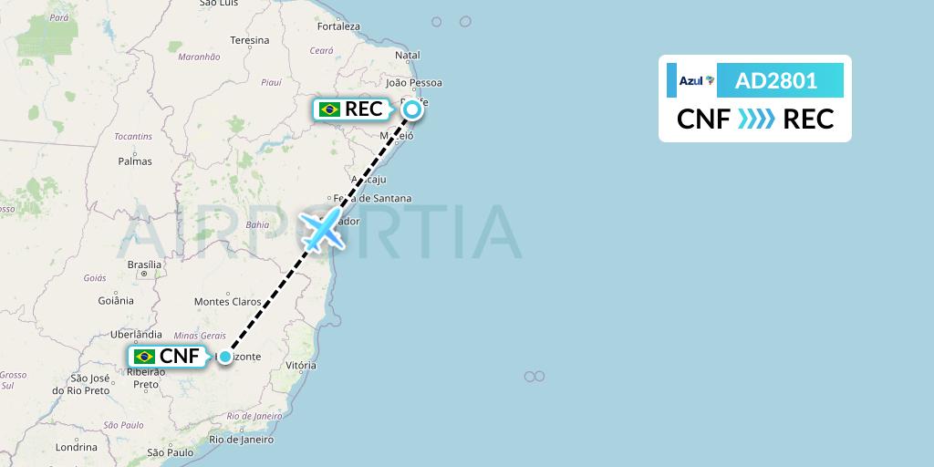AD2801 Azul Brazilian Airlines Flight Map: Belo Horizonte to Recife