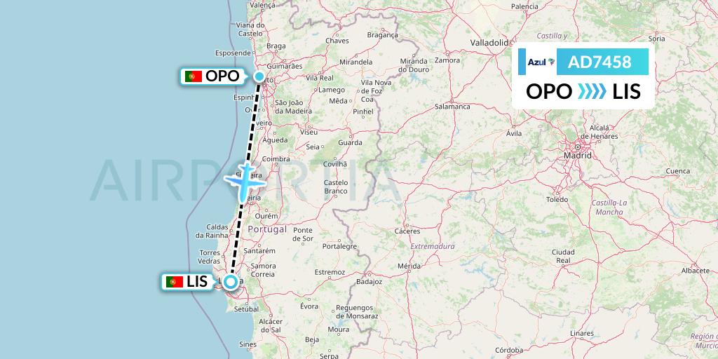 AD7458 Azul Brazilian Airlines Flight Map: Porto to Lisbon