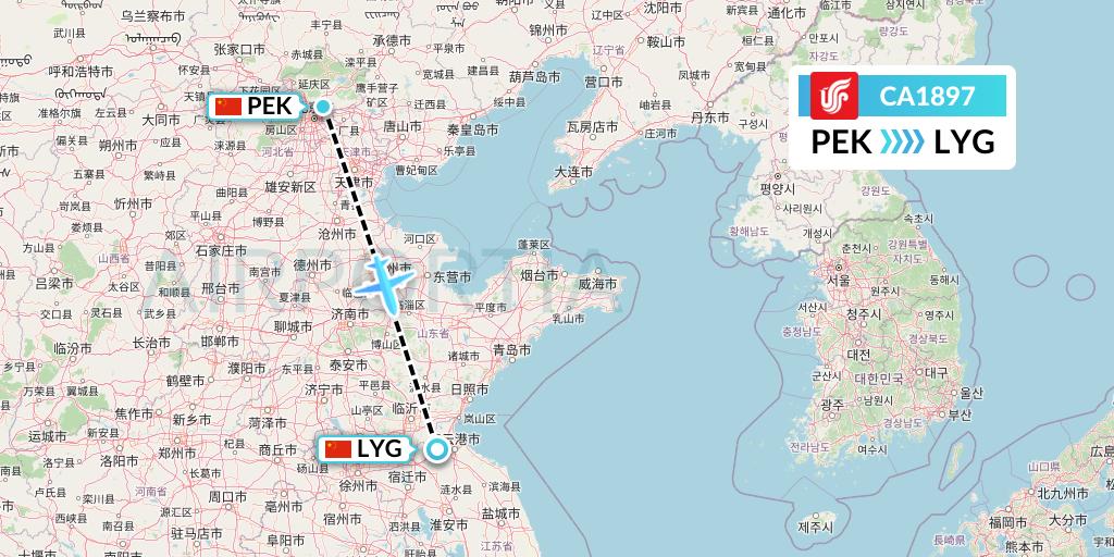 CA1897 Air China Flight Map: Beijing to Lianyungang