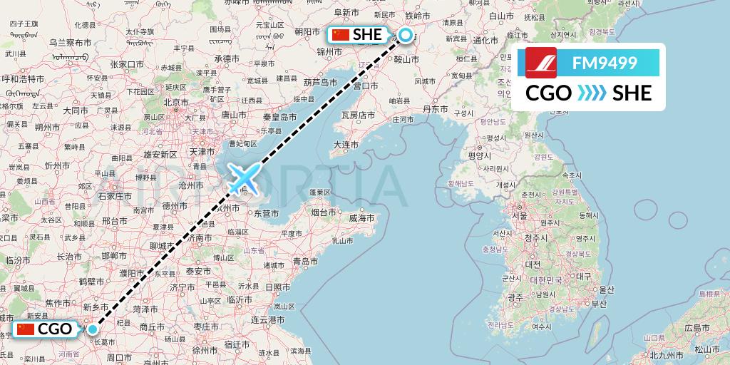 FM9499 Shanghai Airlines Flight Map: Zhengzhou to Shenyang
