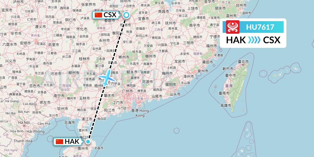HU7617 Hainan Airlines Flight Map: Haikou to Changsha