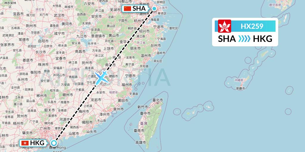HX259 Hong Kong Airlines Flight Map: Shanghai to Hong Kong