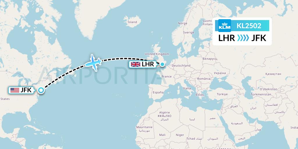 KL2502 KLM Flight Map: London to New York