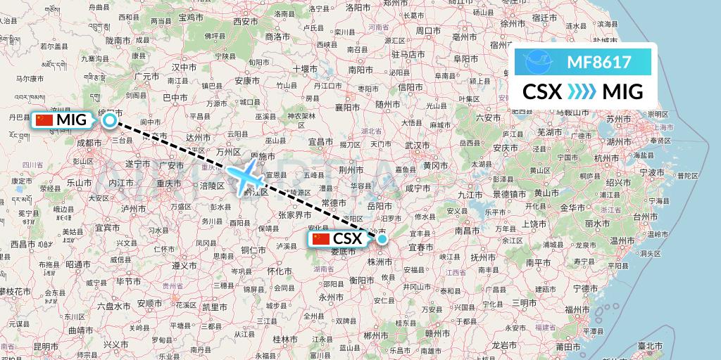 MF8617 Xiamen Airlines Flight Map: Changsha to Mianyang