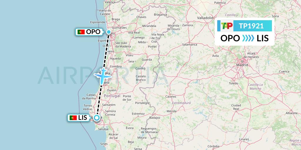 TP1921 TAP Portugal Flight Map: Porto to Lisbon