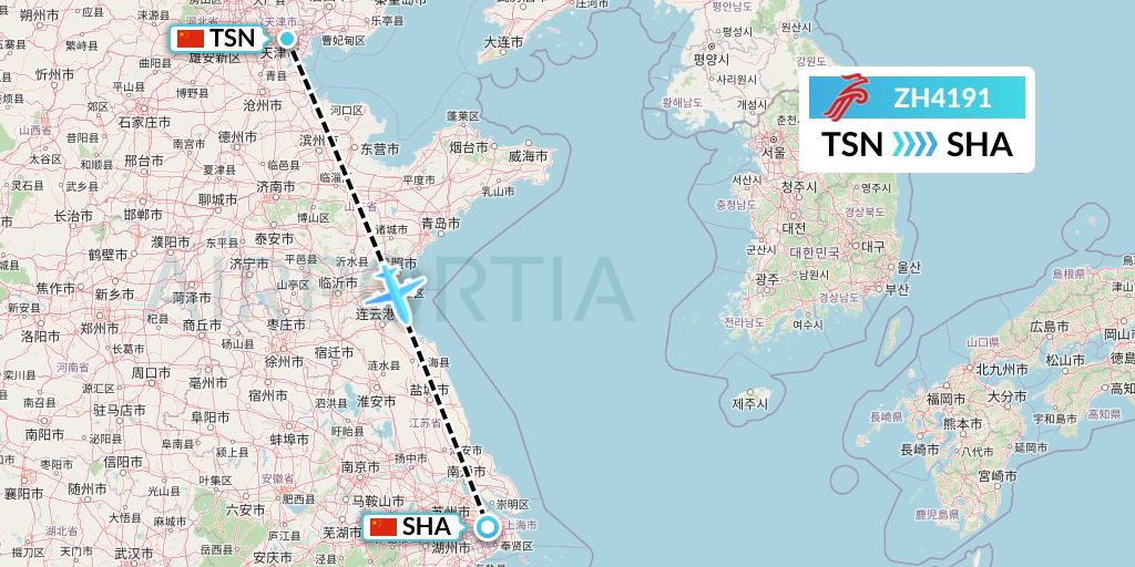 ZH4191 Shenzhen Airlines Flight Map: Tianjin to Shanghai