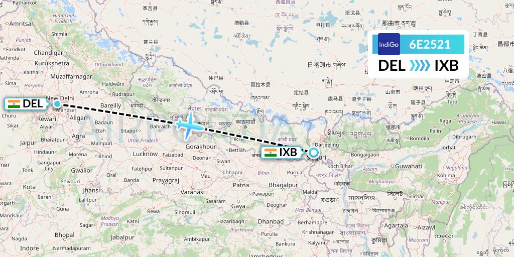 6E2521 IndiGo Airlines Flight Map: Delhi to Siliguri