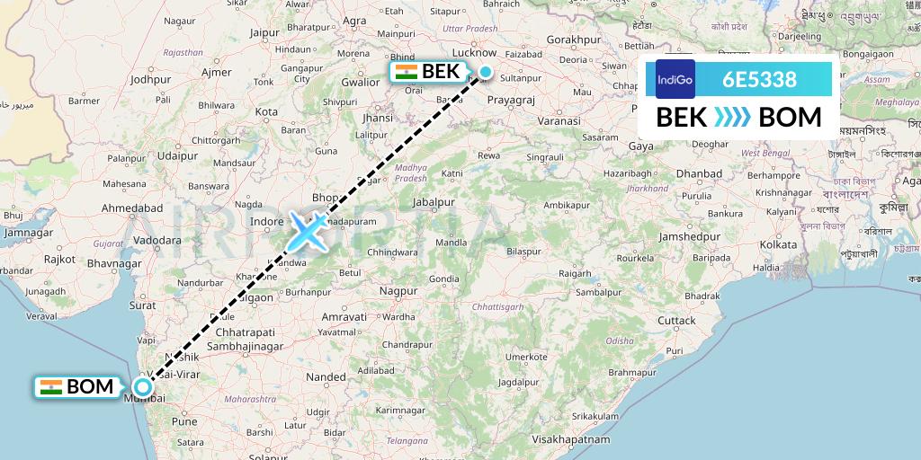 6E5338 IndiGo Airlines Flight Map: Bareli to Mumbai