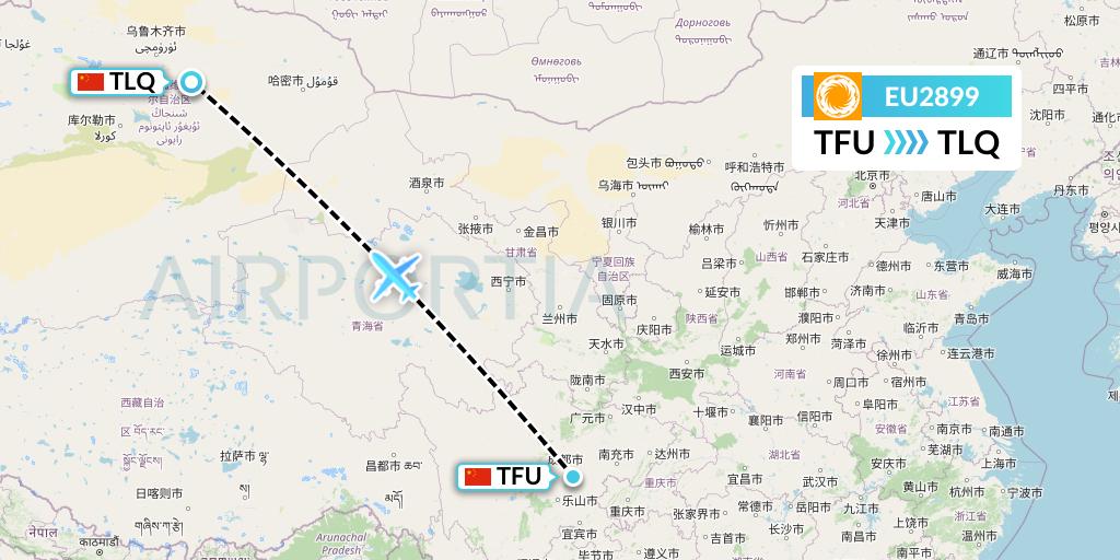 EU2899 Chengdu Airlines Flight Map: Chengdu to Turpan