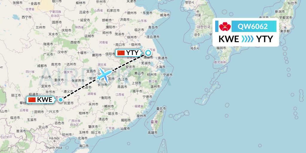 QW6062 Qingdao Airlines Flight Map: Guiyang to Yangzhou