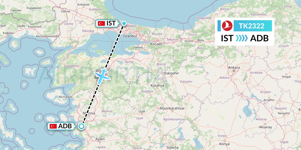 TK2322 Turkish Airlines Flight Map: Istanbul to Izmir