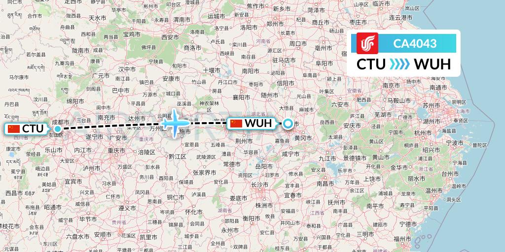 CA4043 Air China Flight Map: Chengdu to Wuhan