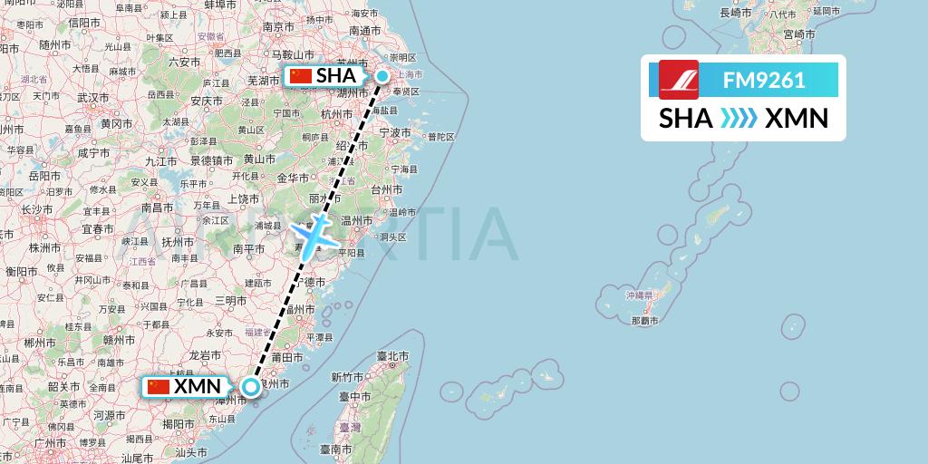 FM9261 Shanghai Airlines Flight Map: Shanghai to Xiamen