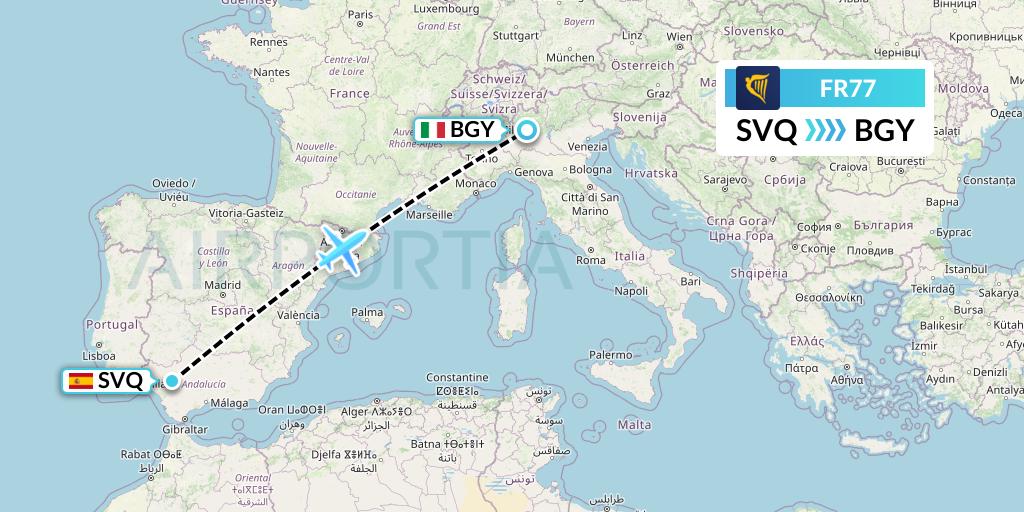 FR77 Ryanair Flight Map: Seville to Milan