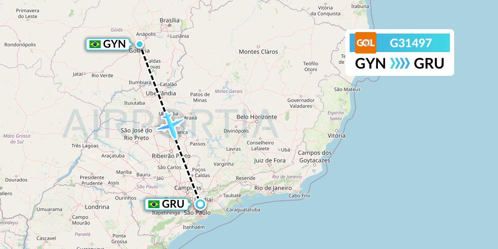 G31497 GOL Transportes Aeros Flight Map: Goiania to Sao Paulo