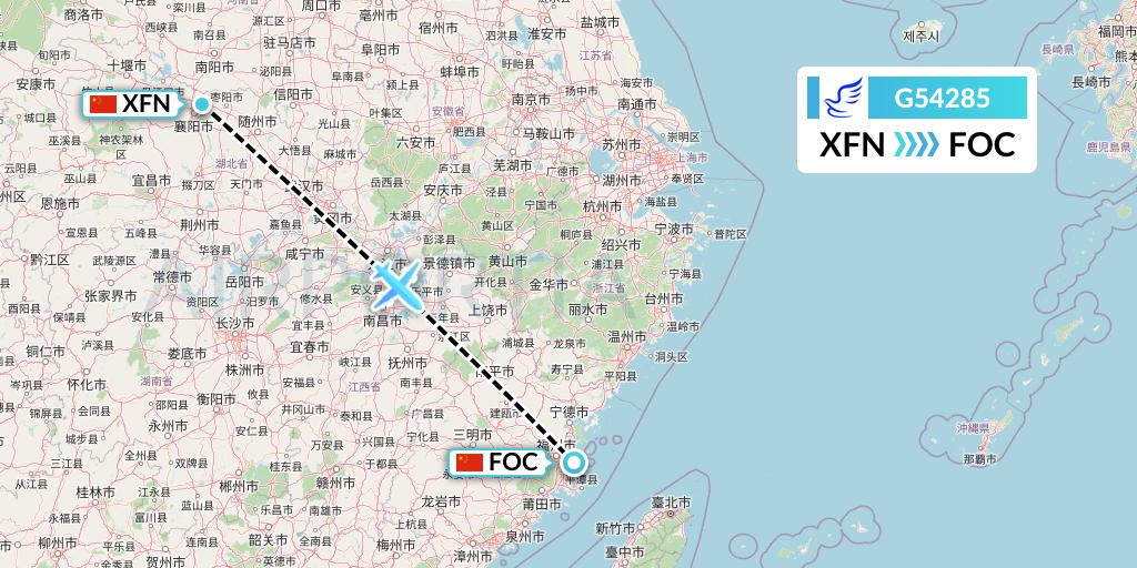 G54285 China Express Airlines Flight Map: Xiangyang to Fuzhou