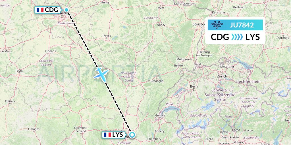 JU7842 AirSERBIA Flight Map: Paris to Lyon