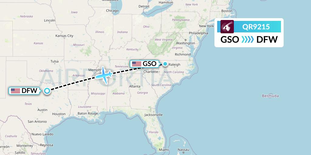 QR9215 Qatar Airways Flight Map: Greensboro to Dallas