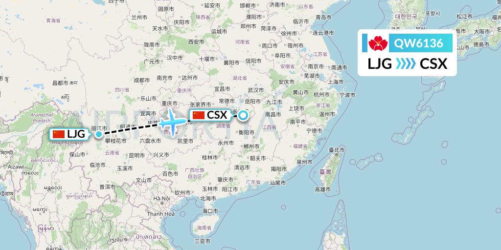 QW6136 Qingdao Airlines Flight Map: Lijiang to Changsha