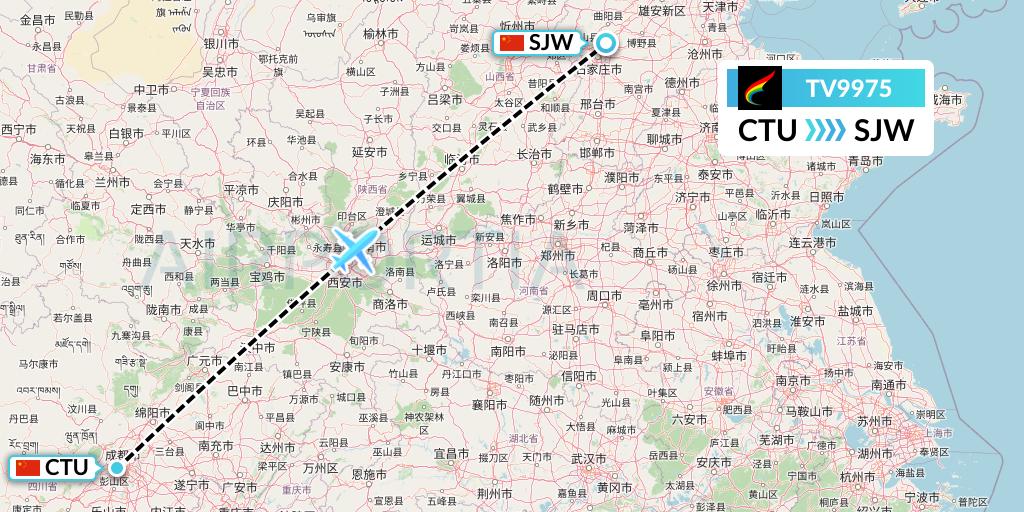 TV9975 Tibet Airlines Flight Map: Chengdu to Shijiazhuang