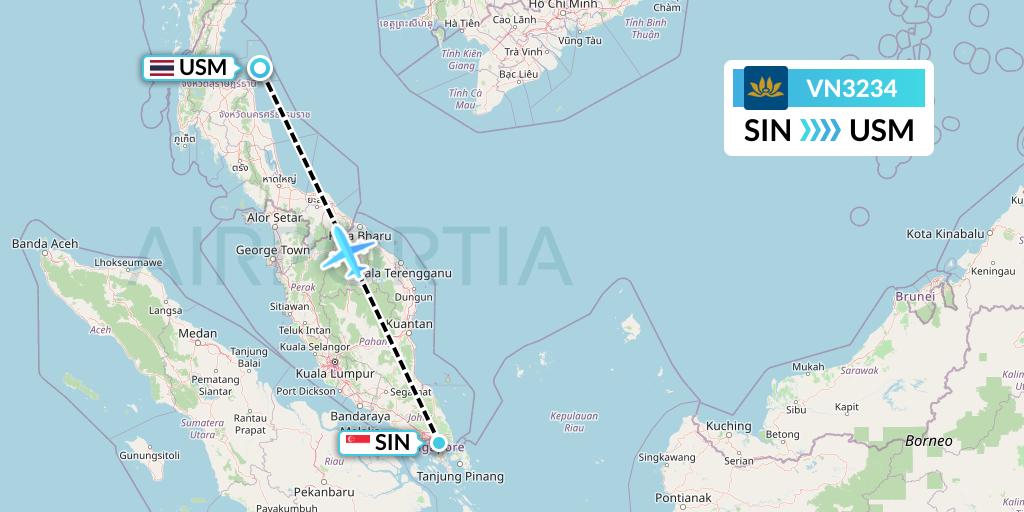 VN3234 Vietnam Airlines Flight Map: Singapore to Koh Samui