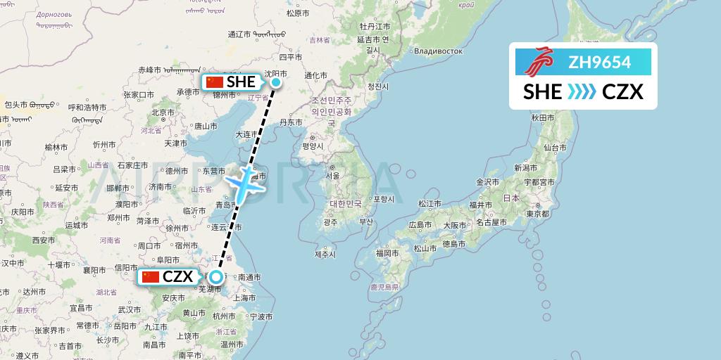 ZH9654 Shenzhen Airlines Flight Map: Shenyang to Changzhou