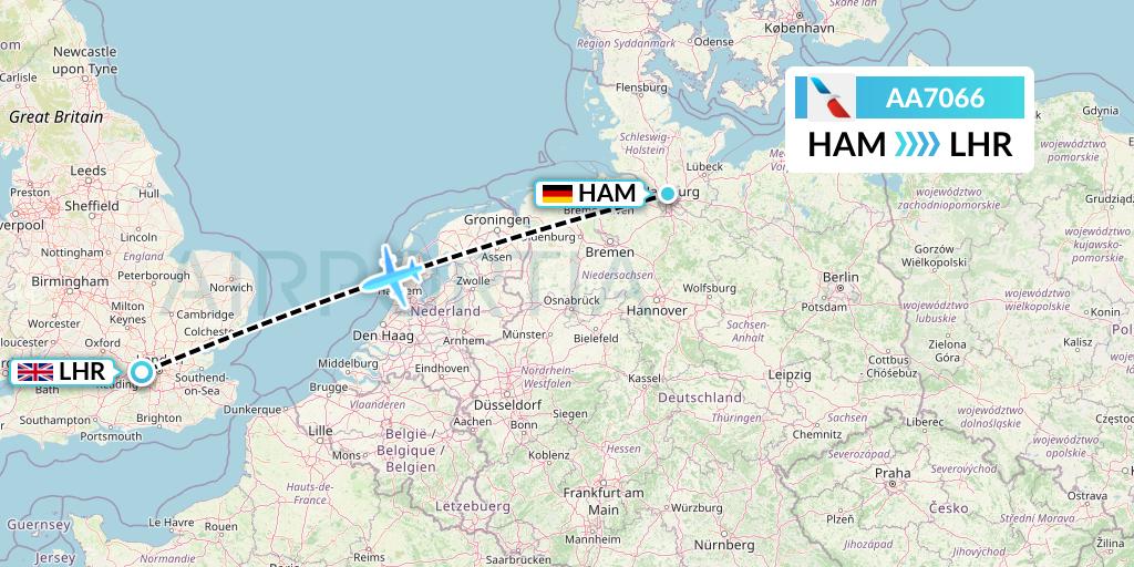 AA7066 American Airlines Flight Map: Hamburg to London