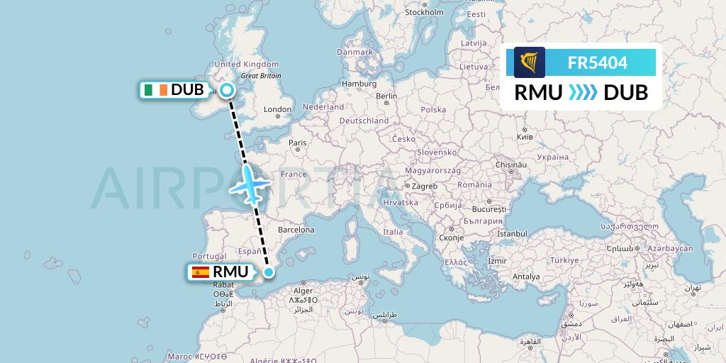 FR5404 Ryanair Flight Map: Murcia to Dublin
