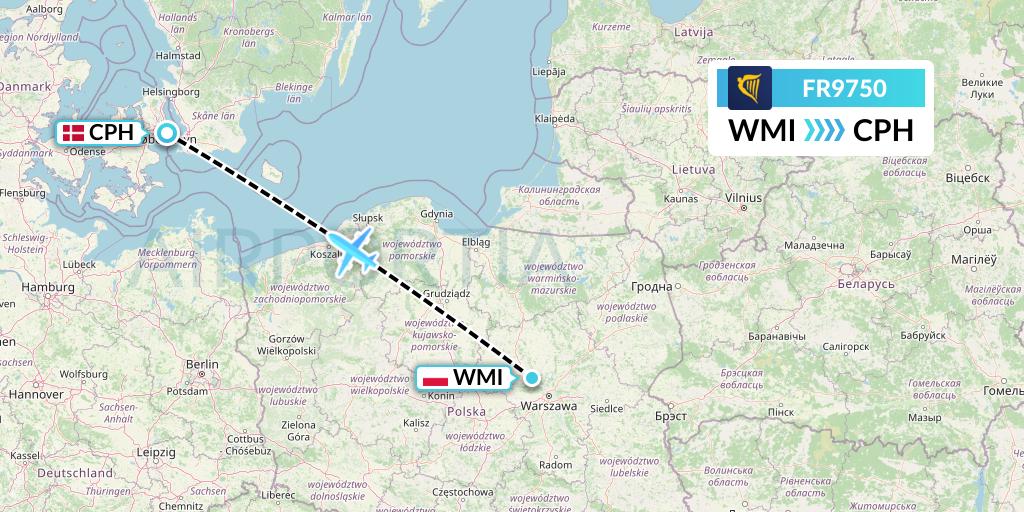 FR9750 Ryanair Flight Map: Warsaw to Copenhagen