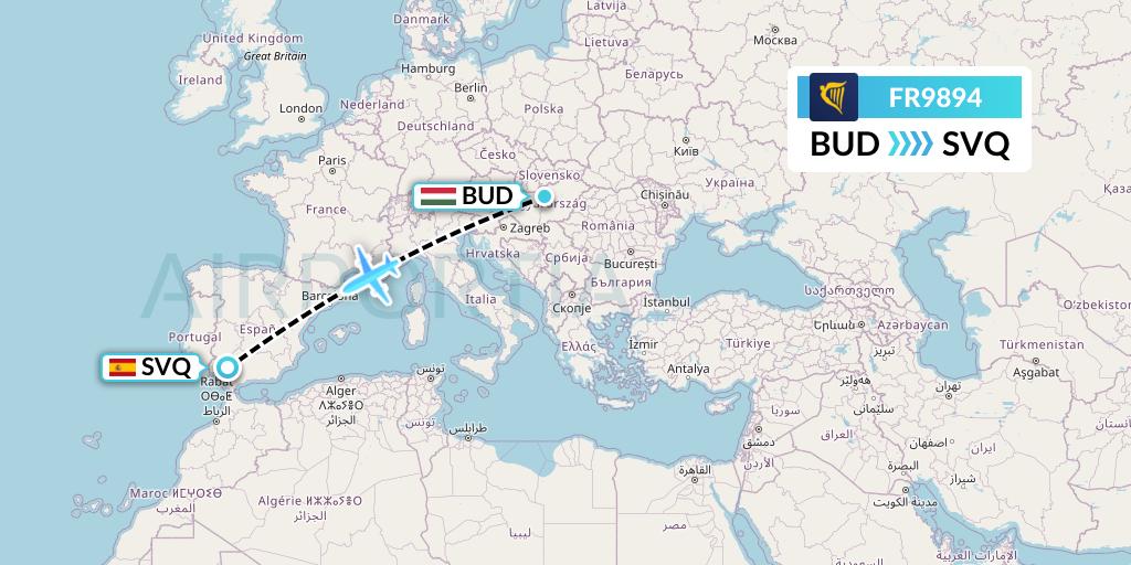 FR9894 Ryanair Flight Map: Budapest to Seville
