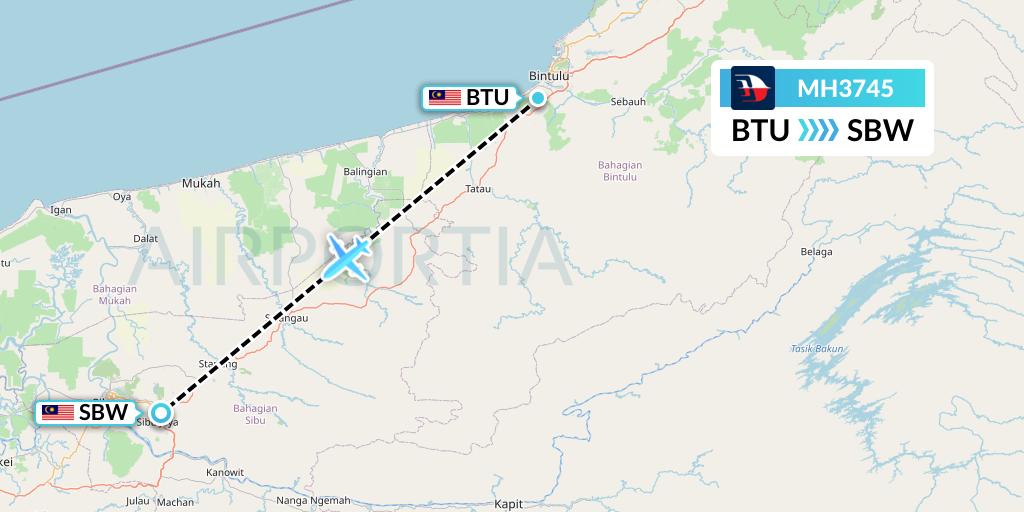 MH3745 Malaysia Airlines Flight Map: Bintulu to Sibu