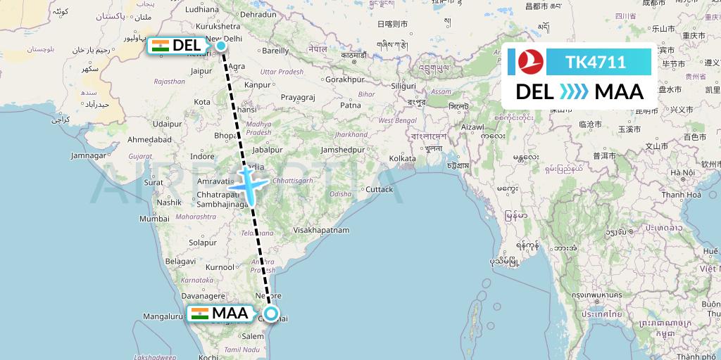 TK4711 Turkish Airlines Flight Map: Delhi to Chennai
