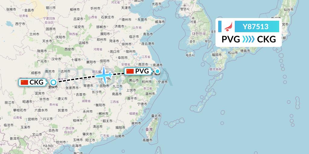 Y87513 Yangtze River Express Flight Map: Shanghai to Chongqing