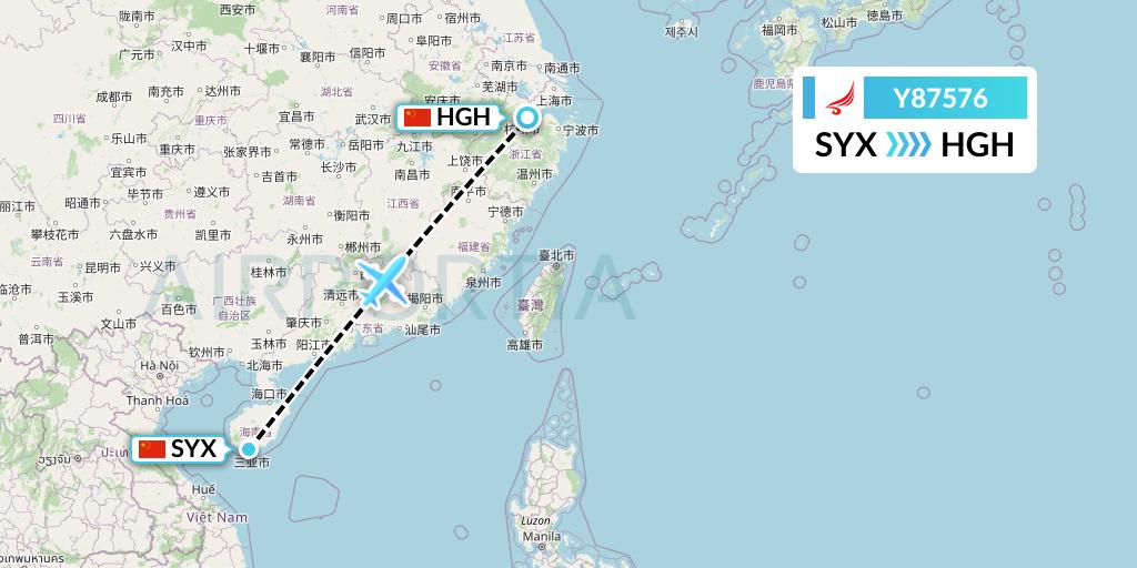 Y87576 Yangtze River Express Flight Map: Sanya to Hangzhou