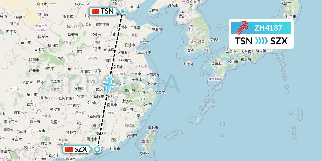 ZH4187 Shenzhen Airlines Flight Map: Tianjin to Shenzhen