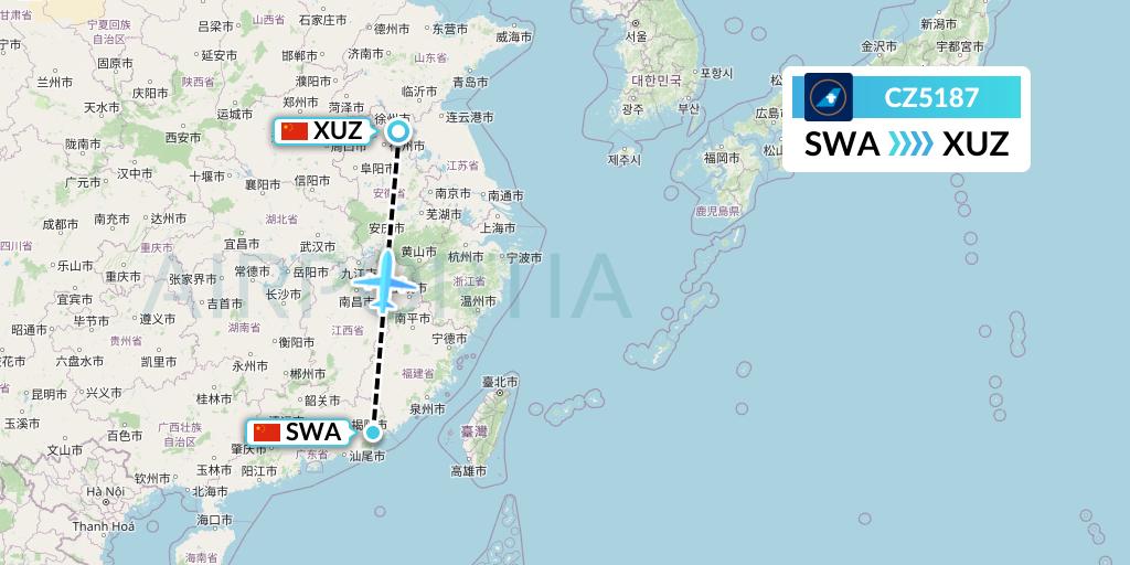 CZ5187 China Southern Airlines Flight Map: Jieyang to Xuzhou