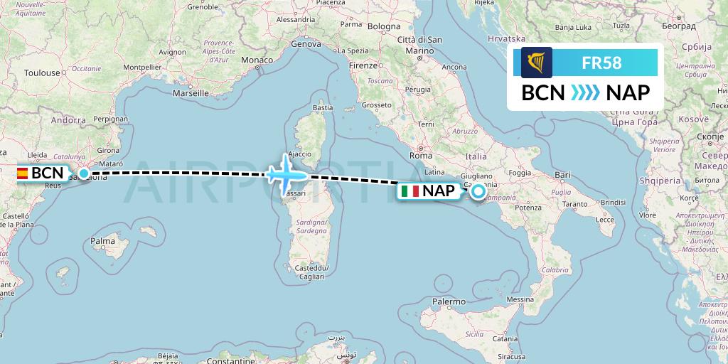 FR58 Ryanair Flight Map: Barcelona to Naples